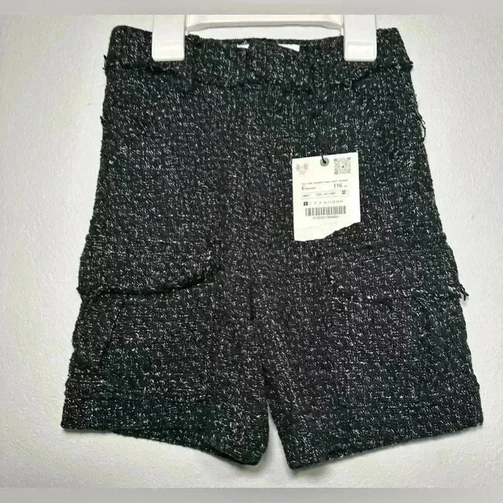NWT Zara Girls Tweed Textured Shorts 6 Black White Cargo Pocket Bermuda Shorts